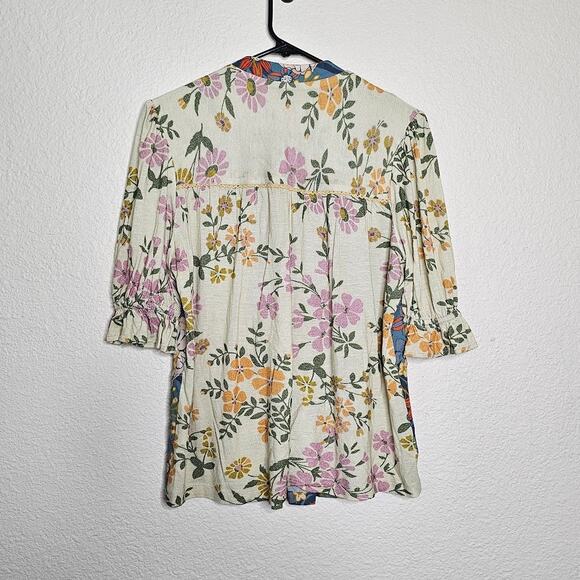 Anthropologie BL-nk London Stephaine Vneck Top Blue Yellow Floral size small - Picture 6 of 6